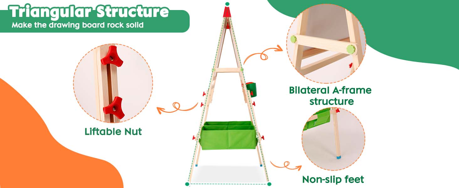 Дерев'яний мольберт Kinder для дітей з паперовою рулонкою, двостороннє Whiteboard та дошка. Регульована висота. З аксесуарами для малювання та навчання. Ідеальний подарунок для малюків.