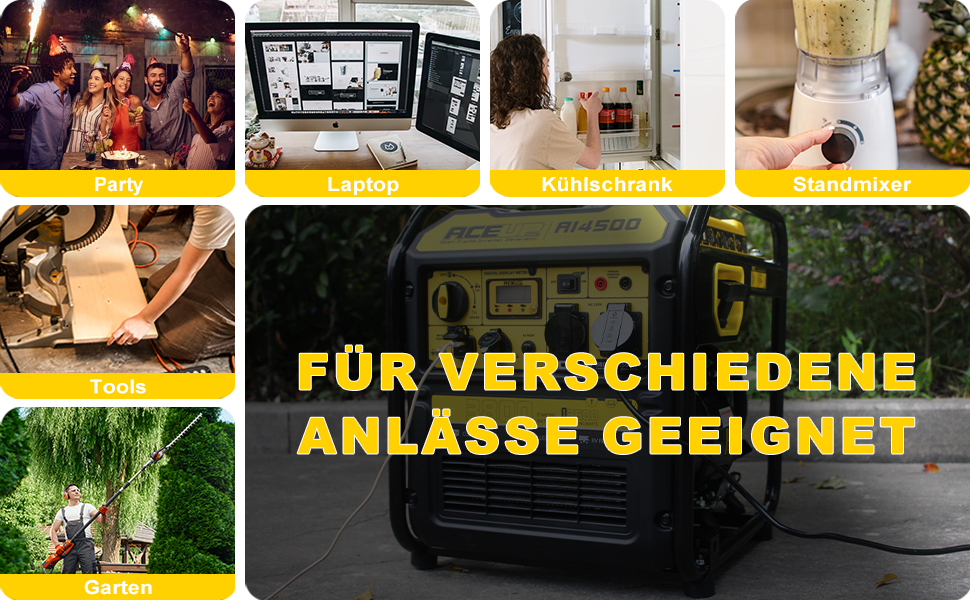 Інверторний генератор Aceup 3400W: бензиновий, 230V, 12V, USB, цифровий дисплей, для дому, кемпінгу, 4-тактний, 23кг