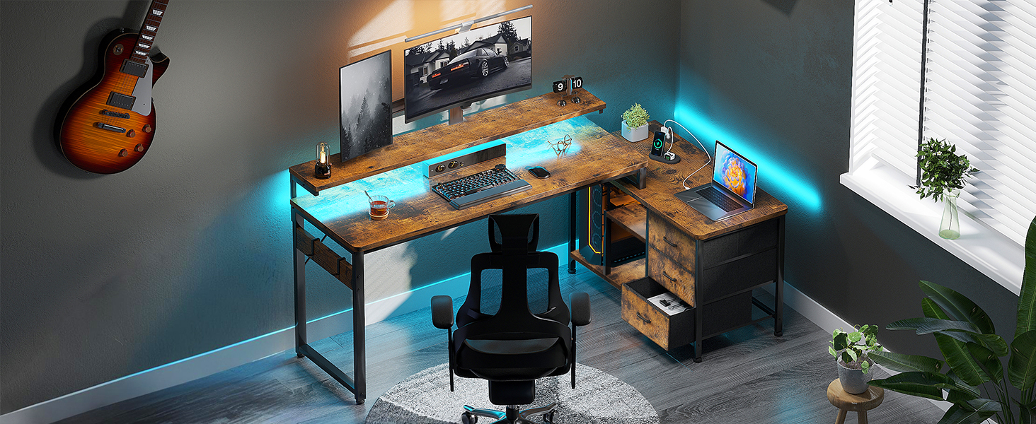 Кутовий стіл ODK з ящиками 174x100 см, з полицею, реверсивний, для геймінгу, офісу, дому, коричневий