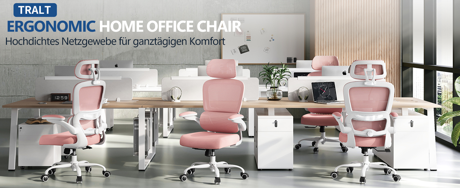 Офісне крісло TRALT Ergonomic - ергономічне крісло з регульованою підтримкою попереку та підголівником, ігрове крісло, крісло для дому, офісу, для великих людей (Рожеве)