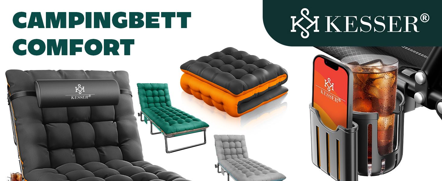 Розкладне кемпінгове ліжко KESSER з преміум-матрацом 190x68x30 см, польове ліжко до 250 кг з подушкою, кишенею та підстаканником, для відпочинку на природі та дому, колір Зелений/Тауп