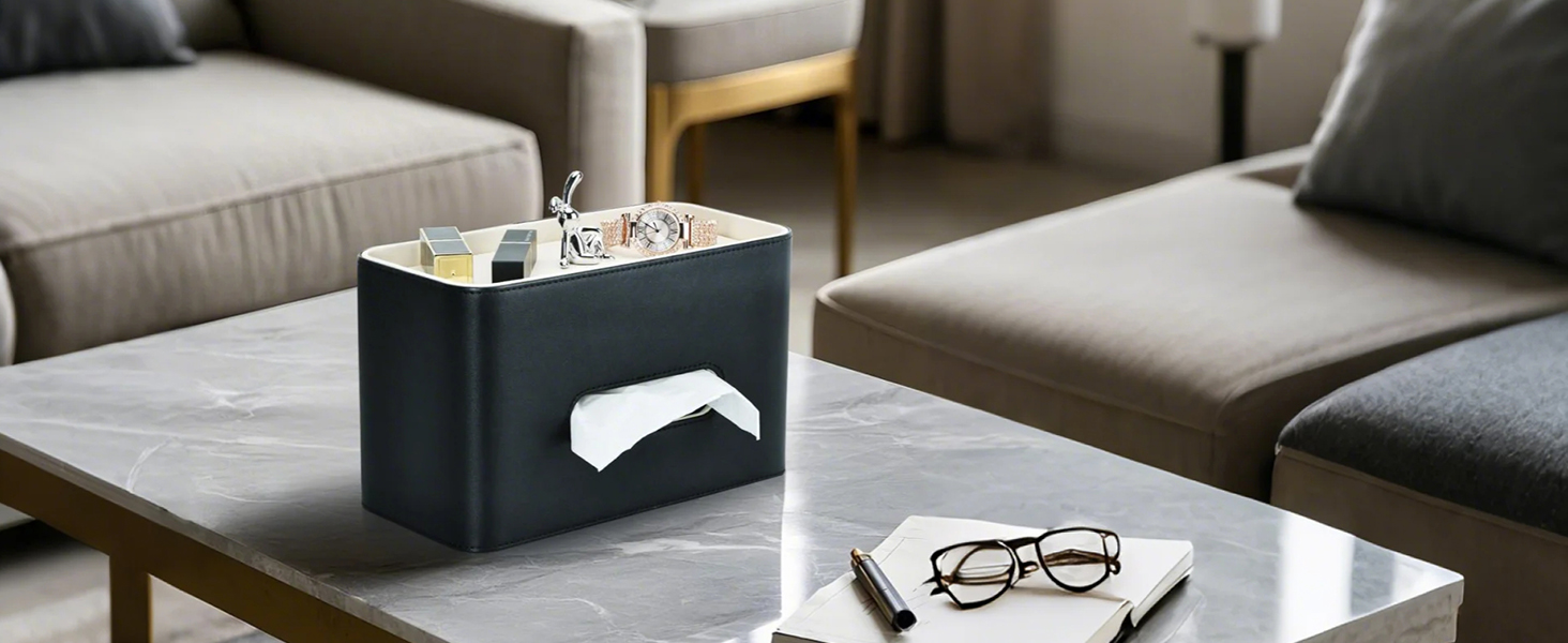 Скляниця для серветок GORESE з підносом, шкіряна, для офісу, дому, авто, ванної кімнати. Білий/Чорний колір