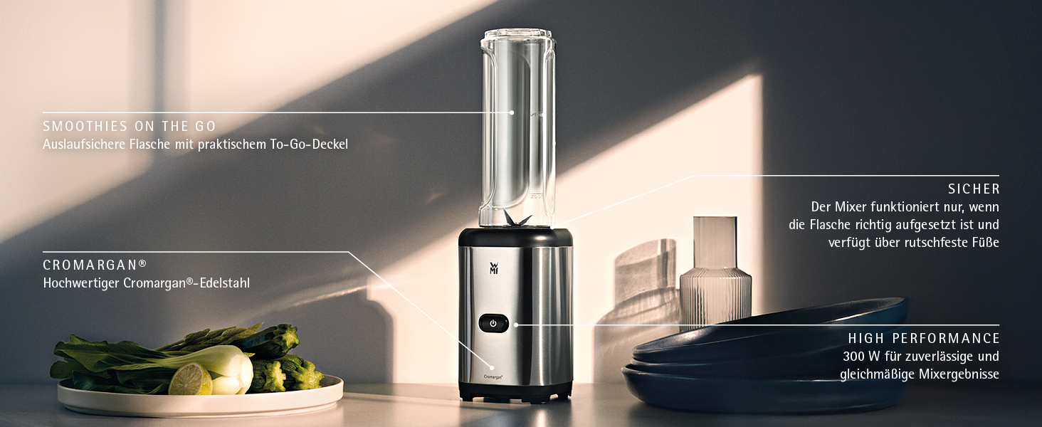 Електричний блендер WMF Kult X Mix & Go Mini - шейкер для смузі, 300 Вт, Tritan, 600 мл, срільно-чорний