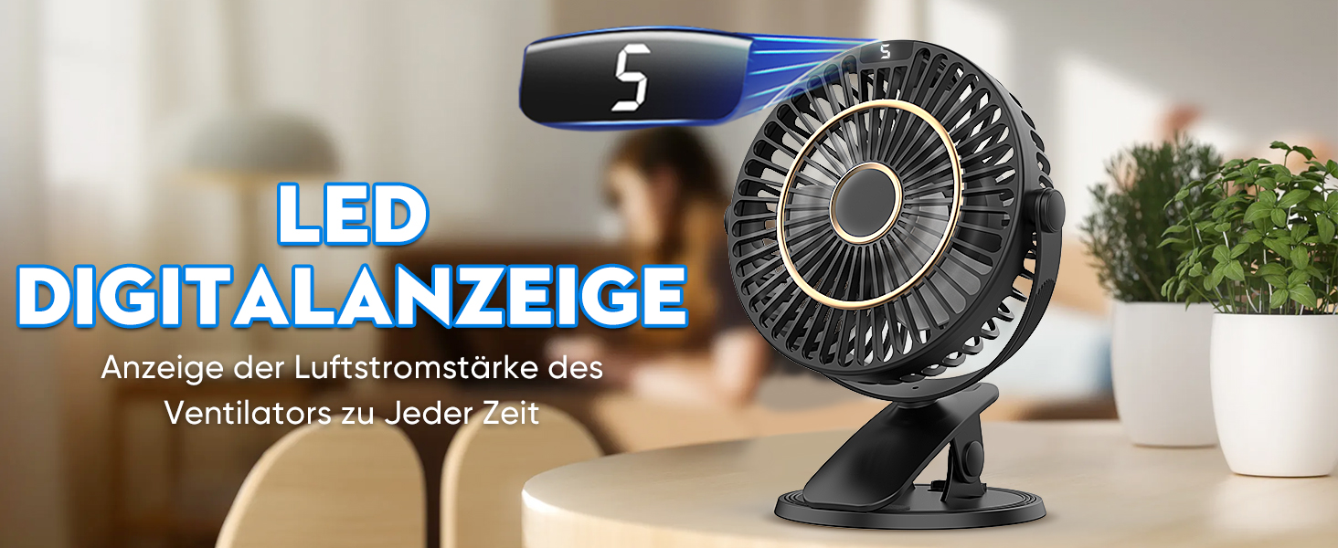 COZII Міні-вентилятор USB: кліпса на стіл, 720° поворот, 5 швидкостей, LED-дисплей. Портативний вентилятор для дому, офісу, дитячого візочка, подорожей - чорний
