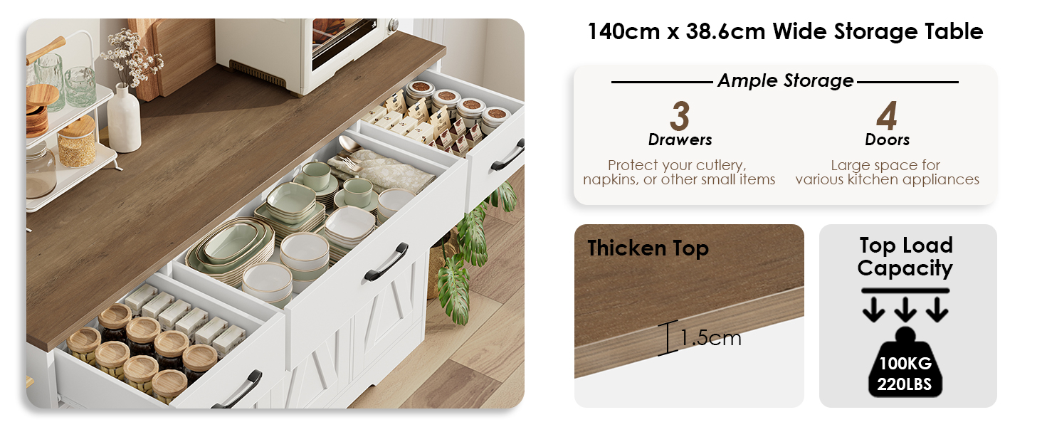 Сервант HOCSOK 140 см: кухонна шафа з 2 регульованими полицями, буфет з 3 висувними ящиками та 4 дверцятами, для вітальні, кухні, передпокою, білий & коричневий