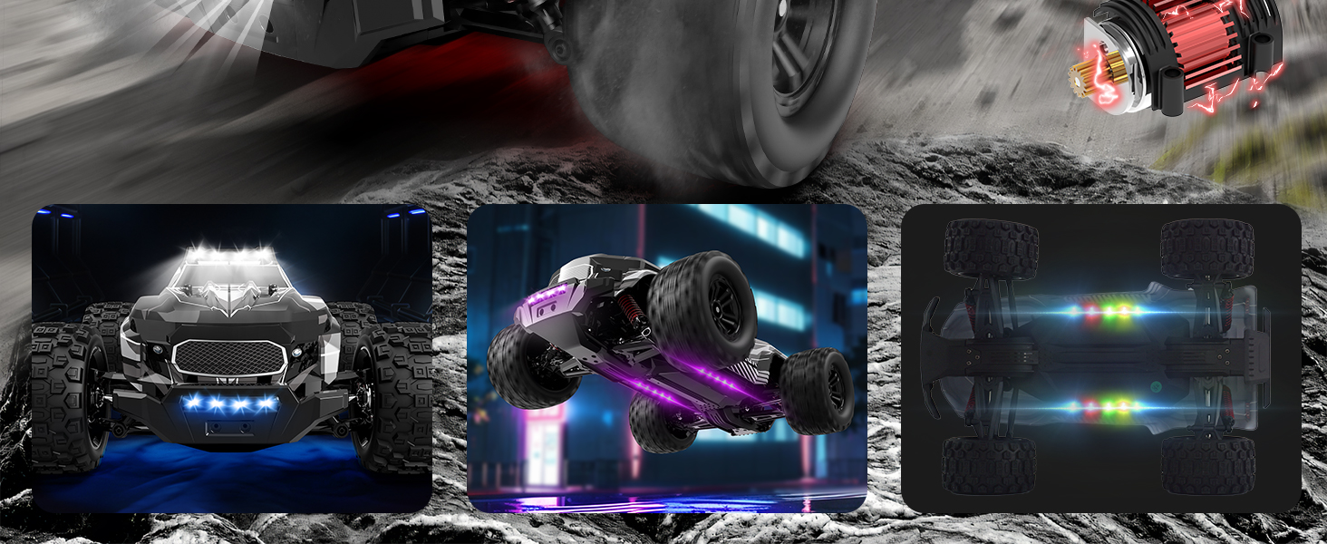 RC Автомобіль Monstertruck 1/14 4WD, 40 км/год, 2 батареї, 7 кольорів підсвічування, Водонепроникний, для дітей та дорослих, Чорний