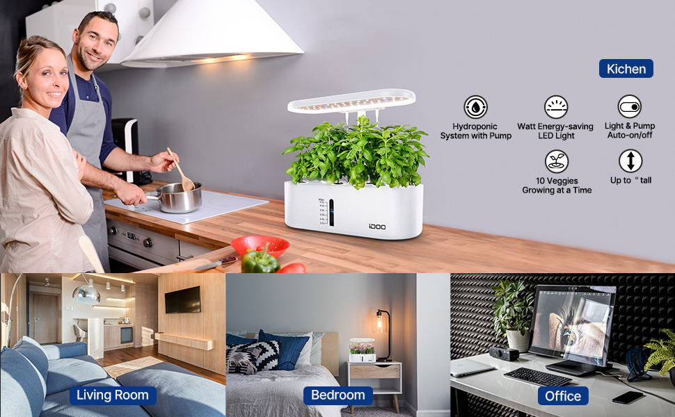 iDOO Система гідропоніки Smart Garden: 10 касет, таймер, LED лампа, вентилятор, регульована висота, для вирощування зелені