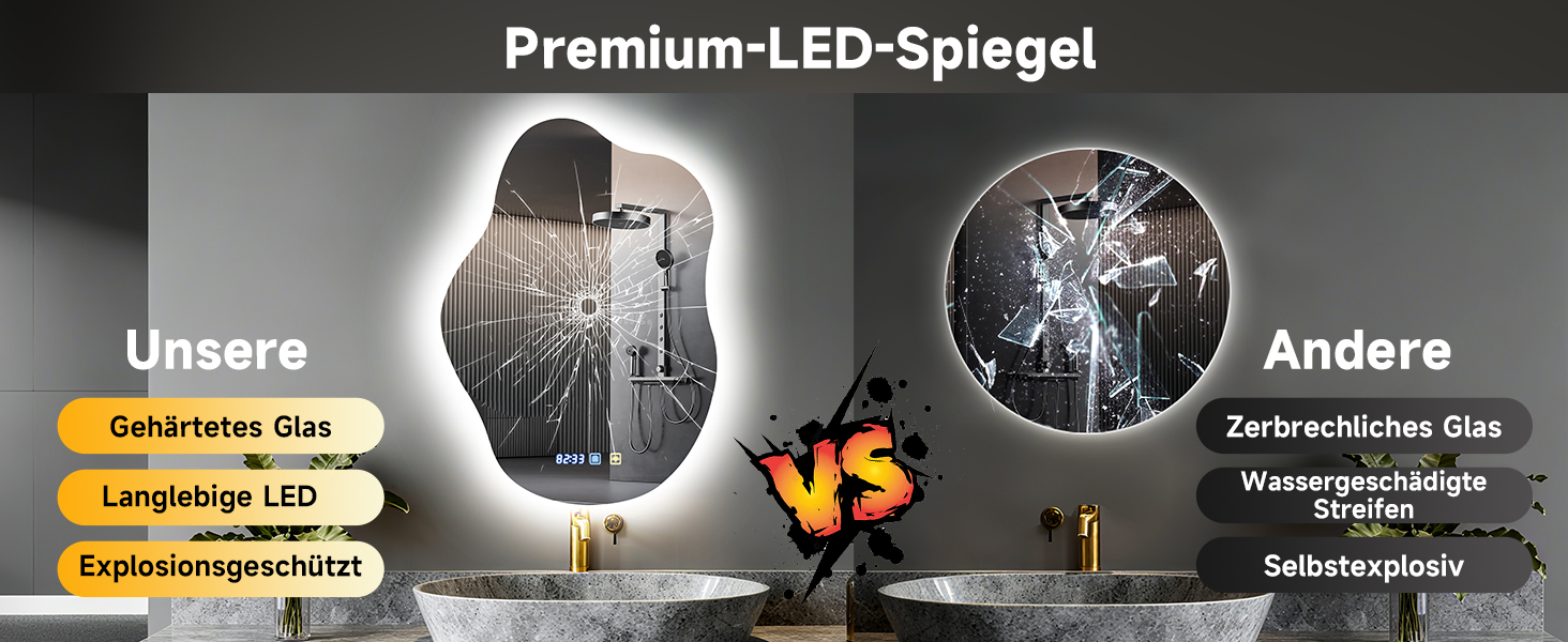 Дзеркало для ванної кімнати з підсвічуванням 50x70 см, з підігрівом, годинник, LED-підсвічування, сенсорна кнопка, функція пам'яті, 3 кольори світла, регулювання яскравості