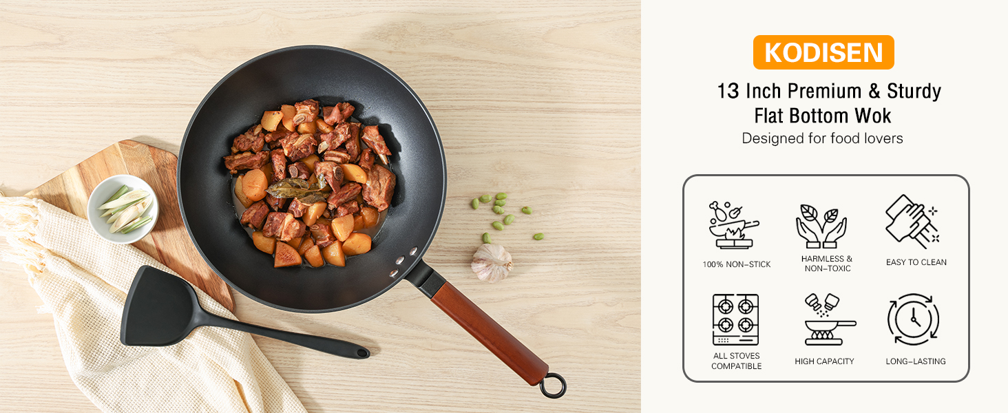 Кордісен Вок з антипригарним покриттям 33 см, 5.6 л з кришкою, без хімічного покриття, попередньо приправлений, підходить для індукційних, електричних та газових плит