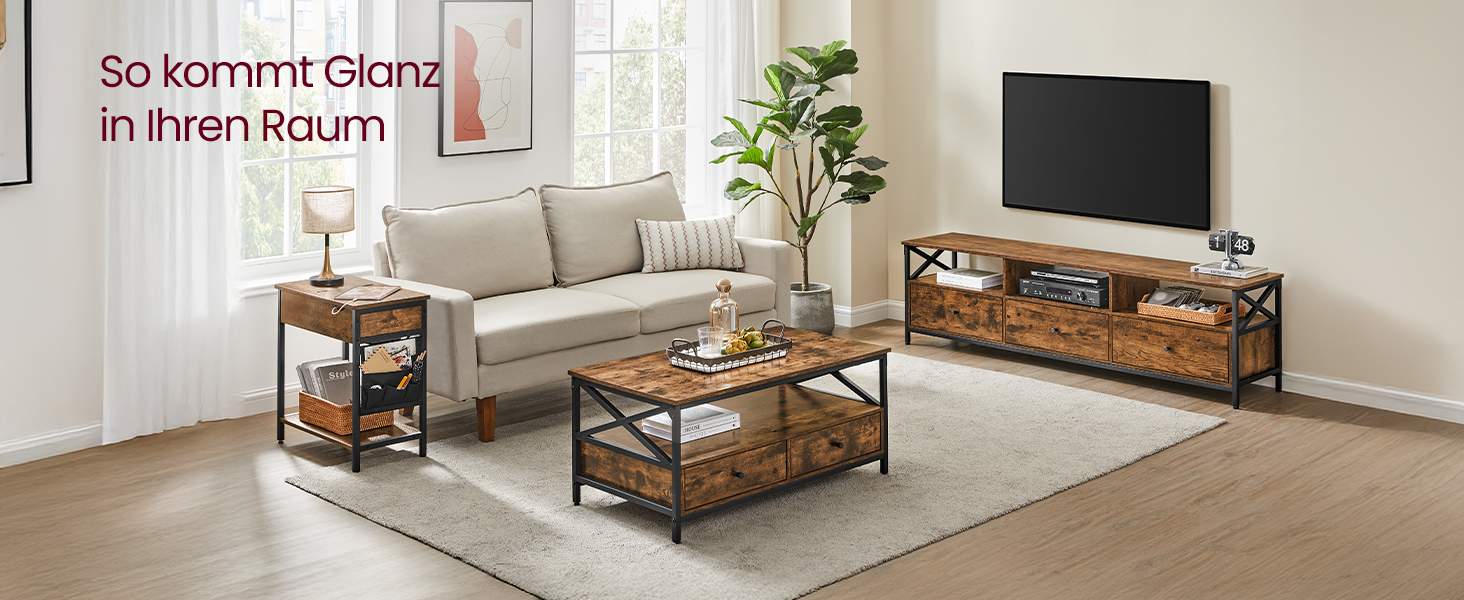 Тумба під телевізор VASAGLE до 80 дюймів, низька, з 3 шухлядами та 3 відкритими полицями, вітальня, металевий каркас, коричнево-чорний, 178x40x50 см