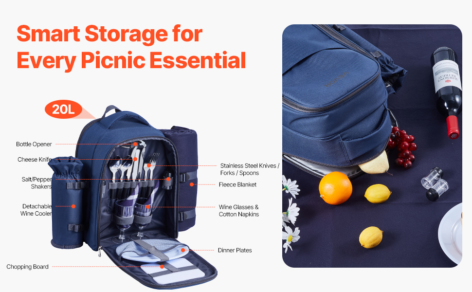 Рюкзак для пікніка VEVOR (20 л) на 2 особи з ізольованим відділенням, тримачем для пляшок/вина, ковдрою та набором посуду для пікніків, походів та кемпінгу, темно-синій