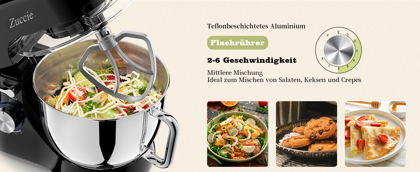 Кухонна машина Zuccie з тихою роботою, 5л чаша з нержавіючої сталі, 3 насадки, сплітц-захист, скребок для тіста та роздільник яєць, 8+P швидкості, для приготування тіста (білий/чорний)