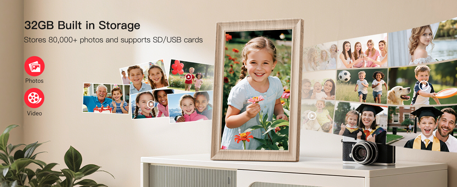Frameo Цифровий фоторамка 10.1 дюймів, HD 1280*800 IPS сенсорний екран, 32GB пам'ять, автоповорот, Frameo App для обміну фото та відео, білий дерев'яний масив