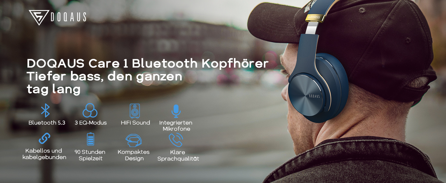 Накладні навушники DOQAUS Bluetooth, 90 годин, 3 режими еквалайзера, амбушури з пам'яттю Protein, мікрофон