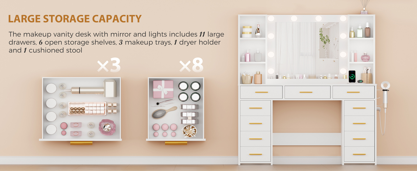 Великий туалетний столик ANWBROAD з регульованою LED-підсвіткою та 11 ящиками. Сучасний туалетний столик з дзеркалом, розетками, 6 відкритими полицями. Комплект з пуфом. Білий колір, 140x110x40 см. Модель BDT86W