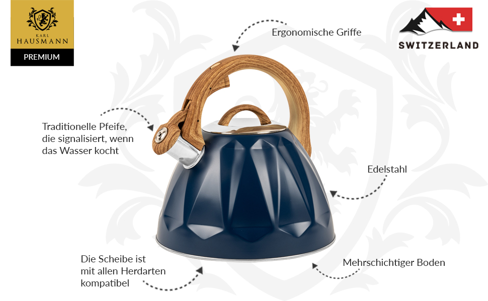 Чайник для води Karl Hausmann Induktion 3L з автоматичним свистком - нержавіюча сталь, сумісний з індукційними, газовими та електричними плитами