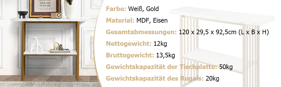 Консольний столик COSTWAY, золото, мармур, 2 рівні, 120x29.5x92.5 см, ідеально підходить для передпокою та вітальні