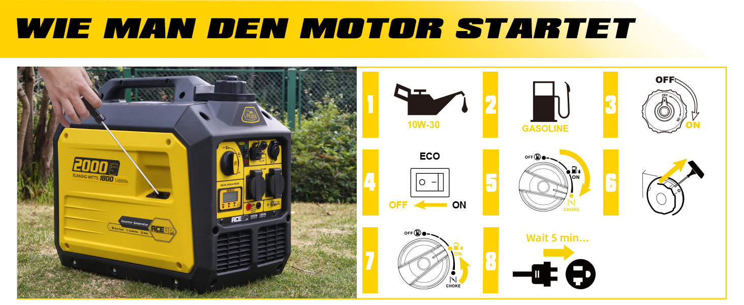 Інверторний генератор Aceup 3400W: бензиновий, 230V/12V, USB, цифровий дисплей, для дому, кемпінгу, 4-тактний, 23кг