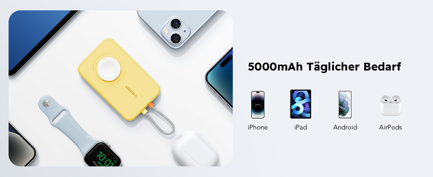 Вт PD, 5000 мАг, із зарядкою від кабелю Apple і годинника, USB-C, LED-дисплей (жовтий), 20