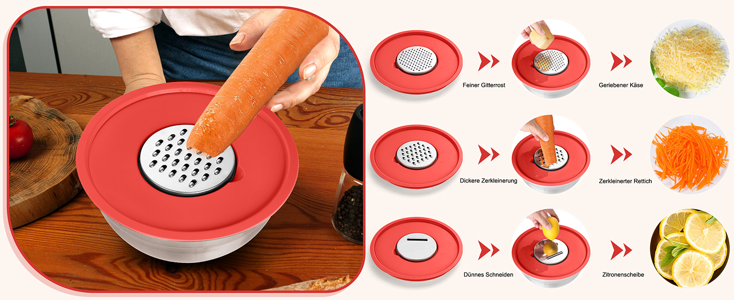 Набір мисок Homikit, 5 шт. з нержавіючої сталі, з кришкою та силіконовим дном, мультифункціональний, для салатів, 6.6L / 3.5L / 2.5L / 1.5L / 1L (червоний, з 3 тертками)