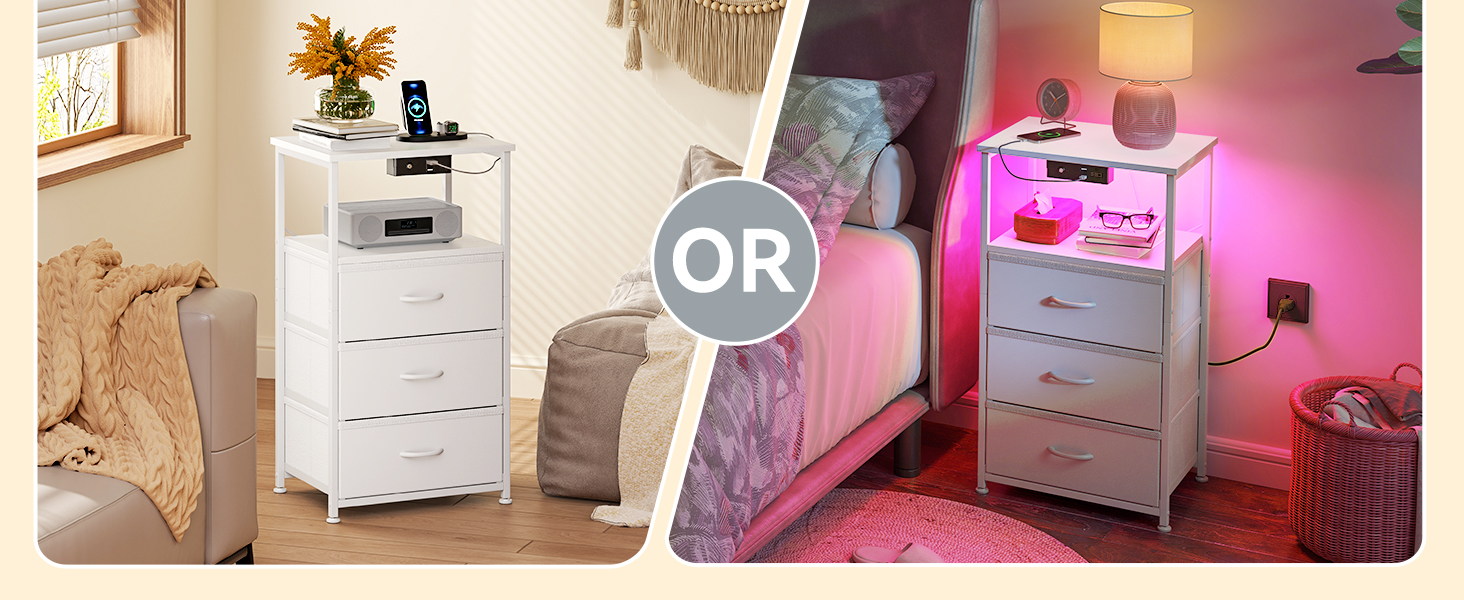 Приліжкова тумбочка Coleshome біла з розеткою, 2 USB, LED-підсвіткою, 3 висувними ящиками та місцем для зберігання, 40x30x70 см