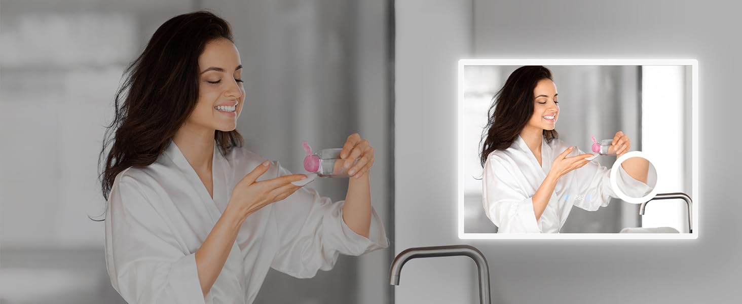 Дзеркало для ванної кімнати SONNI з підсвічуванням 80x60 см, 3 кольори світла, проти запотівання, LED, сенсорне керування, годинник, температура, 3-кратне збільшення