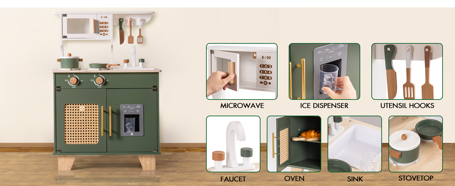 Дерев'яна дитяча кухня ROBOTIME Retro з аксесуарами, мікрохвильовка, диспенсер для льоду, шафка з ротангу, зелений колір, для дітей 3-8 років