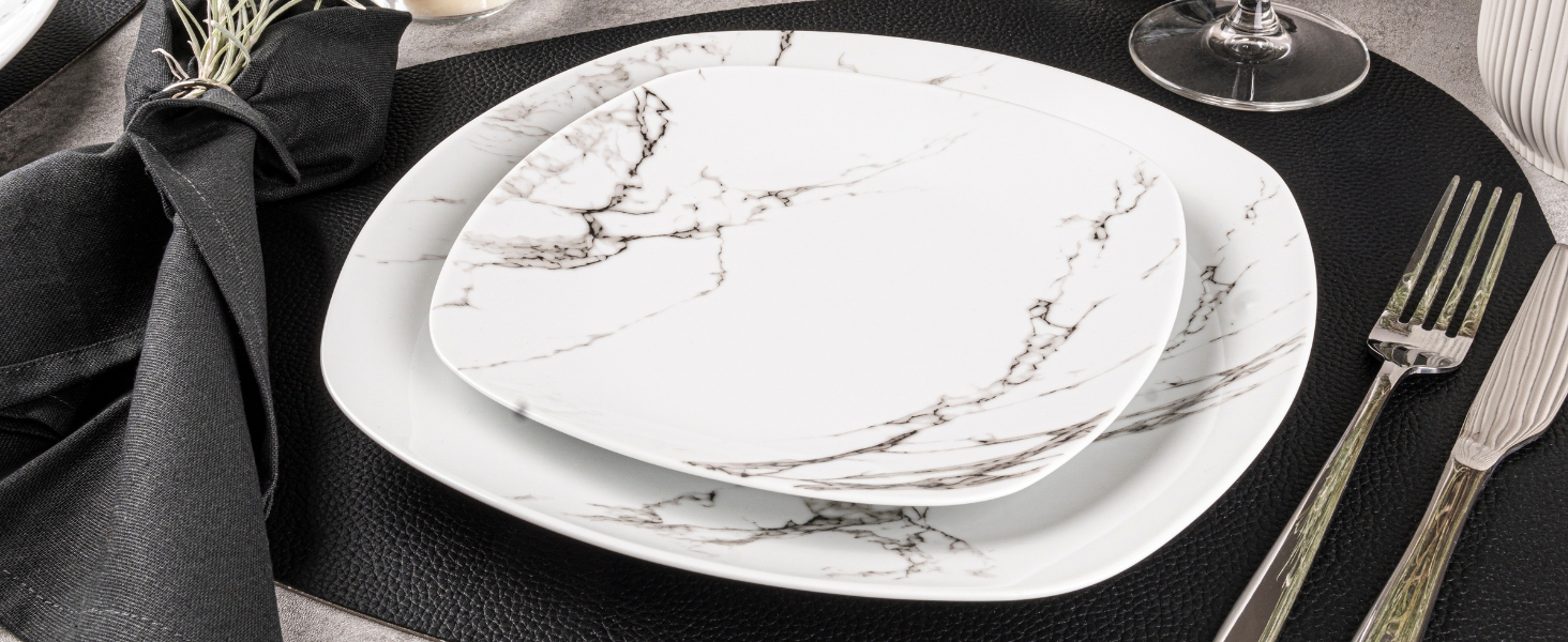 СПІВАЧКА 18 шт. Bilgola Marble White Dinner Сервіз, порцеляна, на 6 осіб, квадрат ПРЕМІУМ КОЛЕКЦІЯ