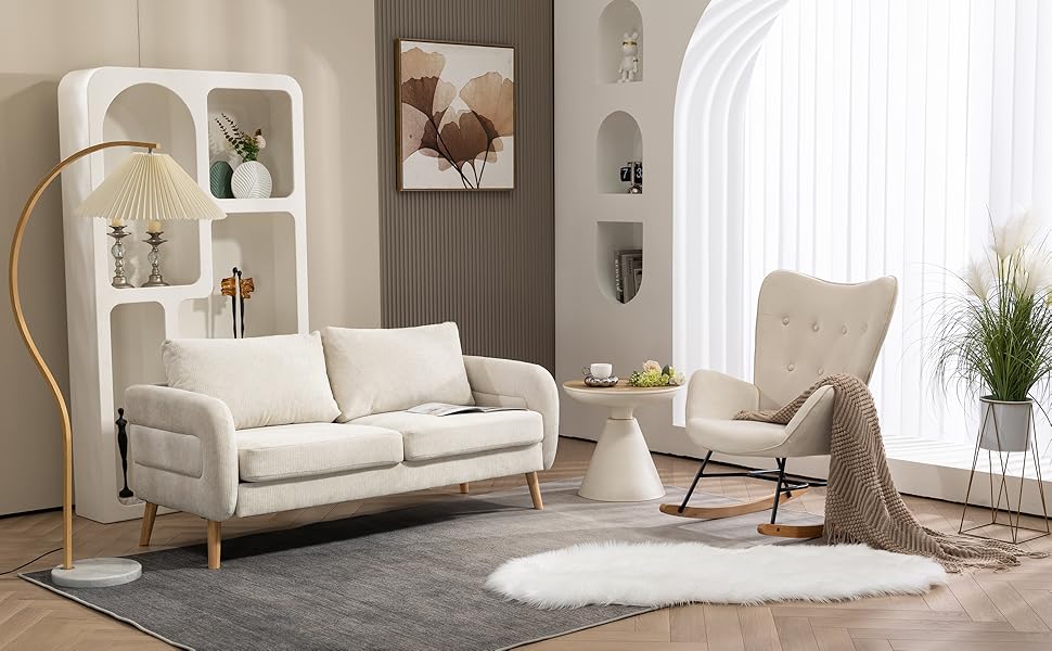 Крісло-гойдалка Cosy Meuble: стильне крісло для вітальні, спальні, балкону. Зручне, з підлокітниками, оббивка з бежевого велюру, до 120 кг, на дерев'яних колінах.