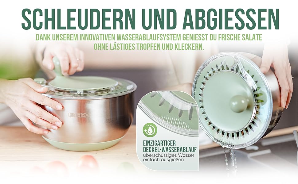 Салатниця-швидкоочисник з нержавіючої сталі з ручним приводом, 4.5л [2-в-1, випуск води, придатна для миття в посудомийній машині, неслизька]