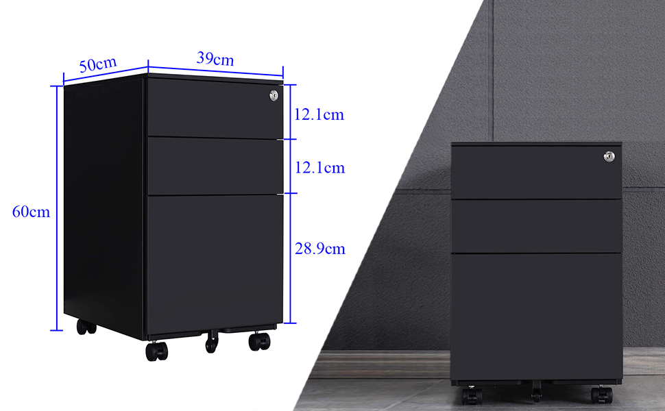 Шафа для документів, офісна шафа з 3 висувними ящиками, коліщатками, анти-перекидання, 50x39x60 см (Чорний)