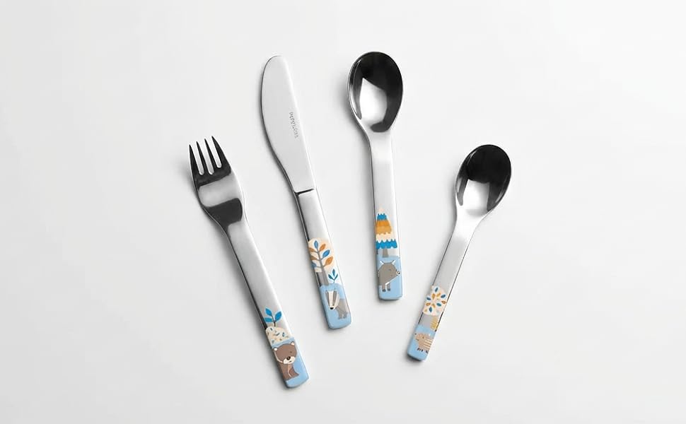 Дитячий ергономічний набір столових приборів Puresigns (4 шт.) з нержавіючої сталі 18/10 – Безпечний та довговічний – Мотиви лісових тварин (ведмедик, барсук, кабан) – Можна мити в посудомийній машині – Ідеально для малюків та тих, хто вчиться їсти