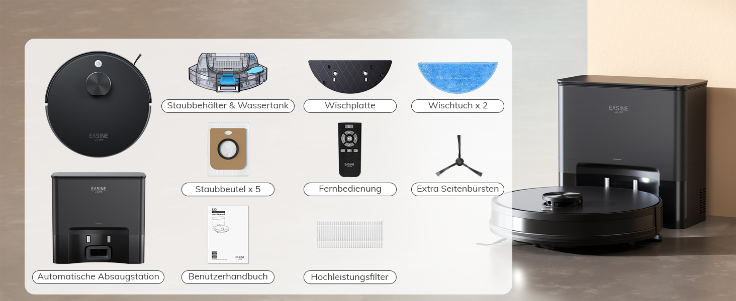 Робот-пилосос з функцією миття підлоги, автоматична станція самоочищення, лазерна навігація, зони заборони, 5000Pa, 5*2.5L мішки для пилу, 180 хвилин роботи, керування через додаток, для твердих підлог, килимів та шерсті тварин, S20