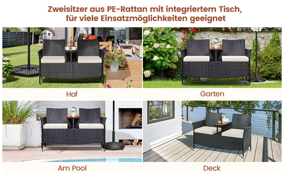 Садовий комплект Yaheetech: двомісна банкетка з столом з поліротангу, чорно-бежевий, 131x65,5x85 см, вантажопідйомність 350 кг