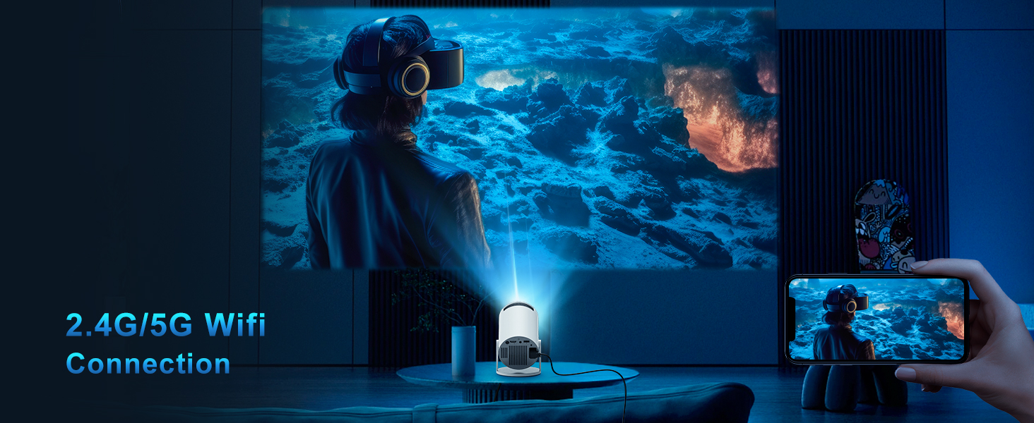 Портативний проєктор Mini Beamer 4K з підтримкою WiFi 6 та Bluetooth 5.4. Підходить для Android 11, HDMI, TV Stick, Laptop. Автоматичне регулювання Keystone, обертання 360°. Модель HY300PRO