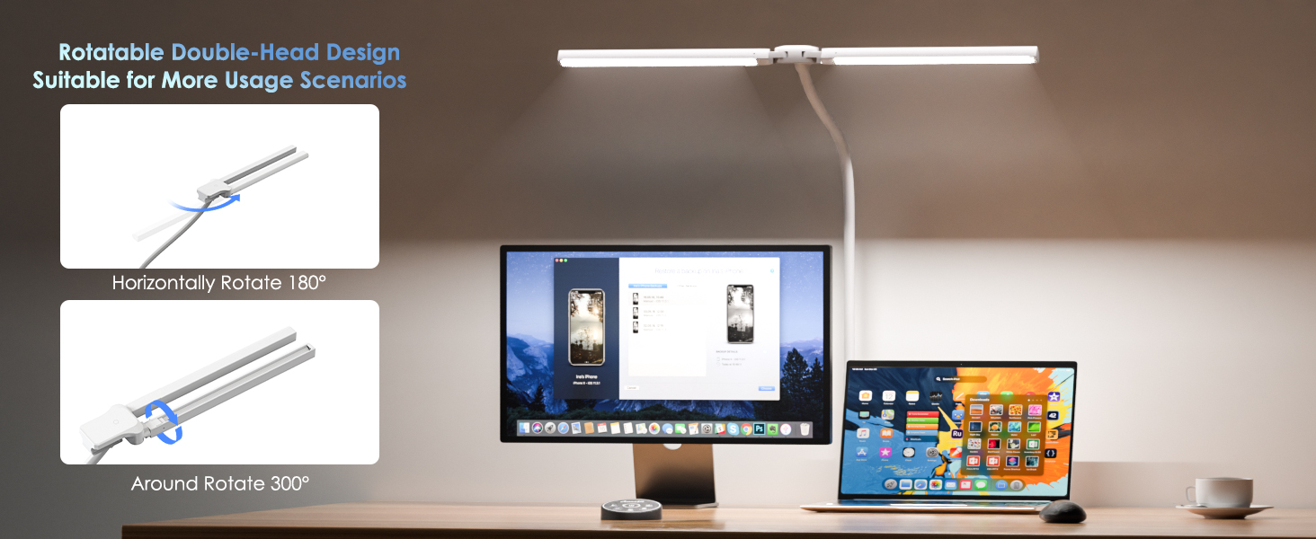 Світлодіодна лампа настільна для дітей з двома головками, захист очей, 16W, 72см, денне світло, з пультом, регулювання яскравості, гнушкий шийний механізм, матовий білий колір
