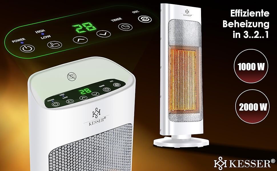 Обігрівач KESSER® 2000W з пультом керування, тихий, енергозберігаючий, керамічний, з осциляцією 80°, таймером 24 год, білий