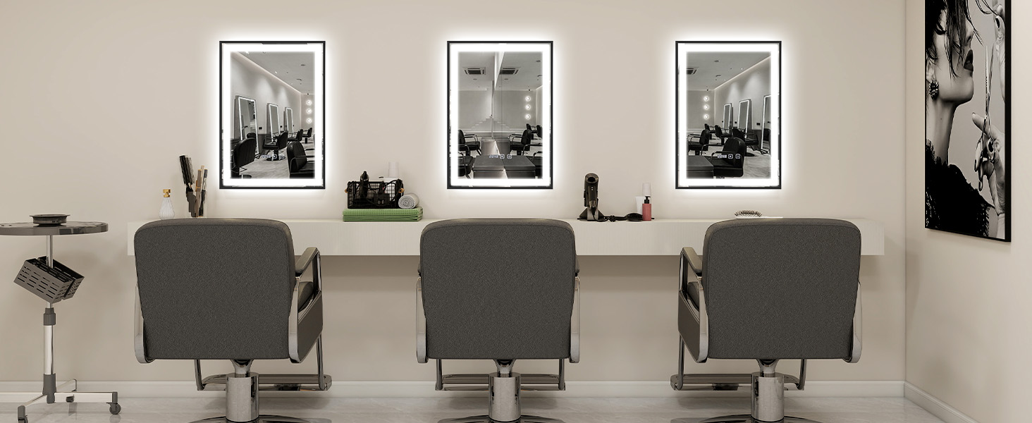 Дзеркало для ванної кімнати YOURLITE з підсвіткою, 85x55 см, LED, сенсорне керування, 3 кольори світла, регулювання яскравості, протизапобігання запотіванню, вертикальна/горизонтальна орієнтація, IP44, білий (чорний-5070)