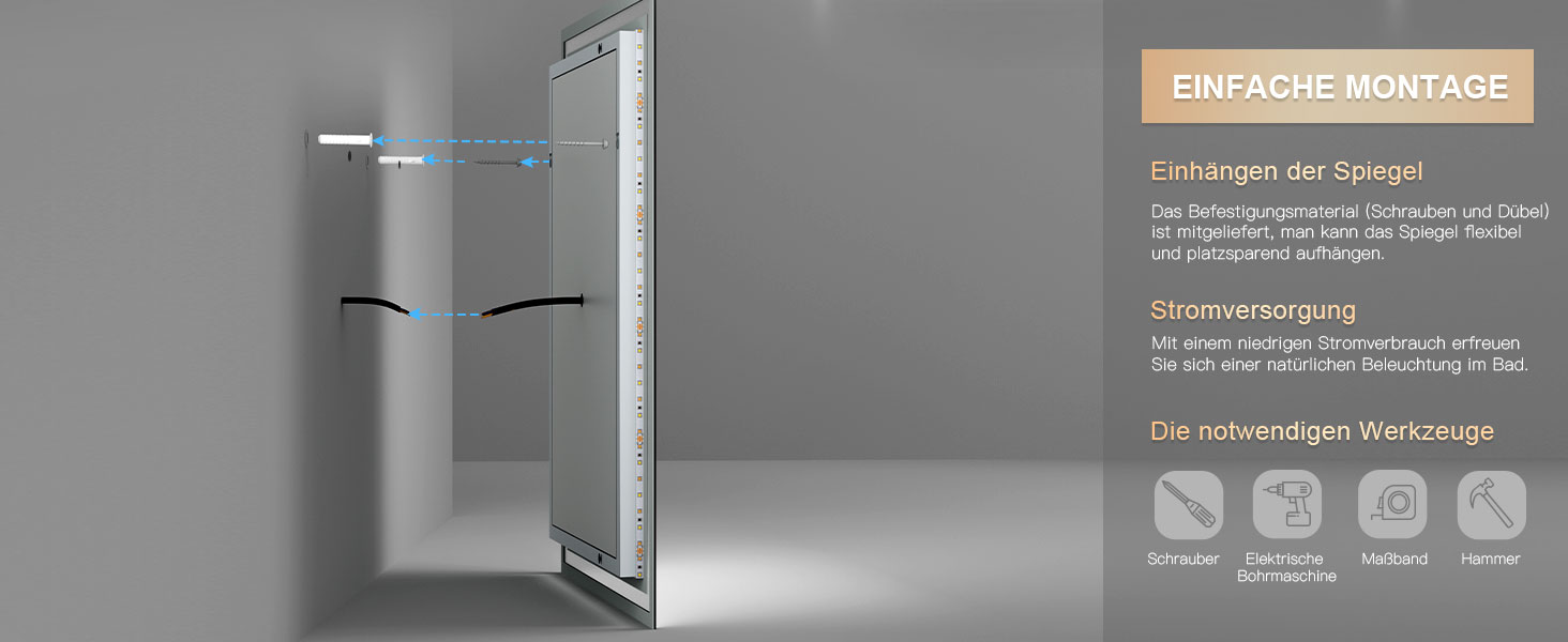 Дзеркало для ванної кімнати Dripex LED з підсвічуванням, сенсорна кнопка, протизапітніння, 6400K, енергозбереження, 50x70 см