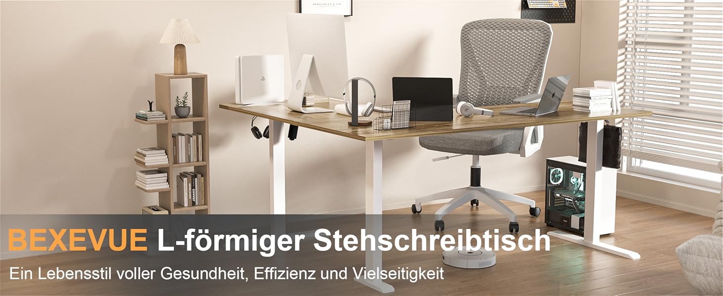 Електричний кутовий стіл BEXEVUE з регулюванням висоти 160x140 см, 3 режими пам'яті, антиколізійна технологія, ліворуч/праворуч, ергономічний комп'ютерний стіл, матеріал: акорн