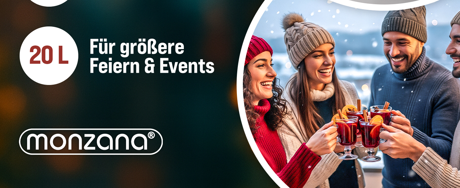 MONZANA Електричний нагрівач для глінтвейну 20 л з краном, термостатом 30-110°C, з нержавіючої сталі, на 90 чашок, для консервування, нагрівач пуншу, автомат для гарячих напоїв 20 л