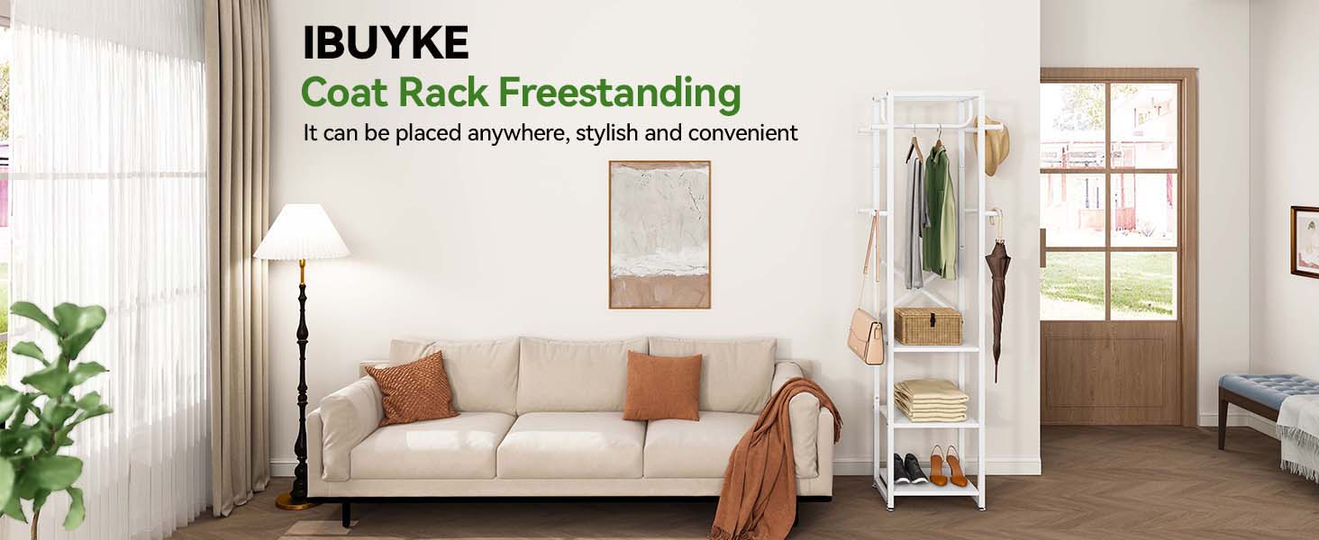Стійка для одягу IBUYKE, вішалка для одягу з 3 полицями та 8 гачками, індустріальна стійка для передпокою, коридору, спальні, натуральний колір та білий, TMJ088R (180 x 40 x 30 см)