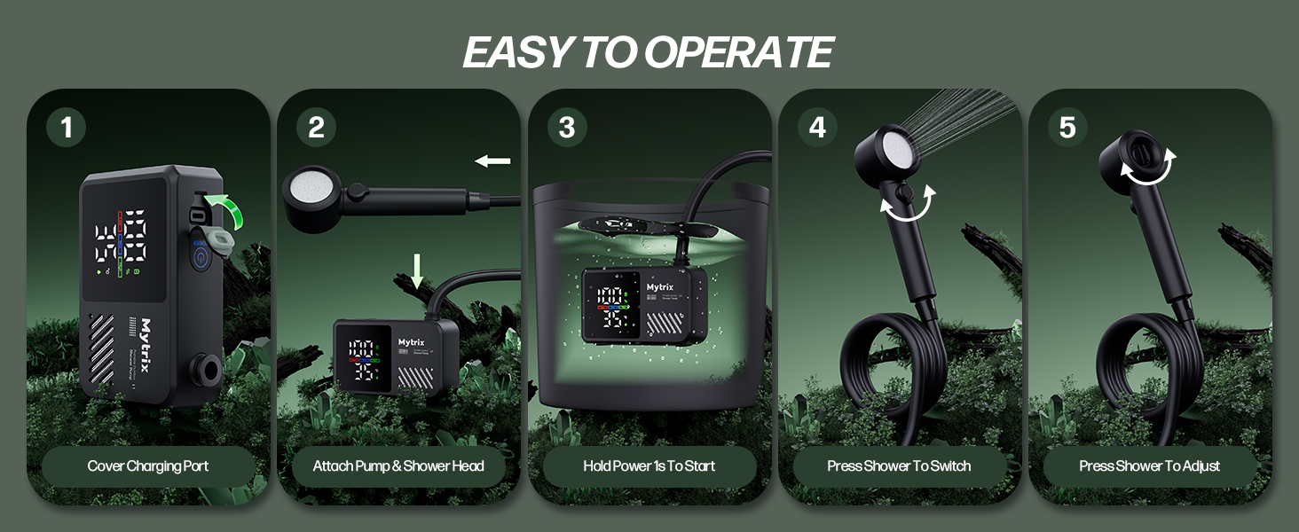 Митрікс Портативна душова система для кемпінгу: 10 л/хв, акумулятор 7800mAh, 4 режими, IPX8, для подорожей, автомийки, чорна
