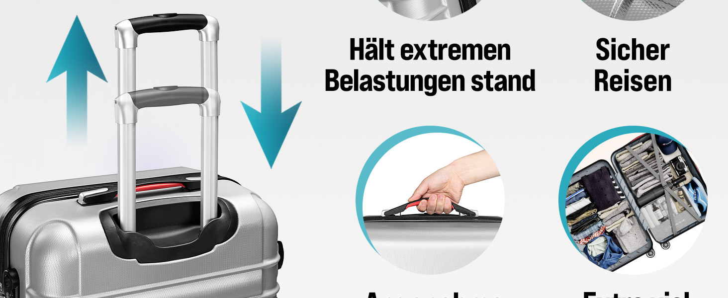 Набір валіз Monzana® 4шт: валіза, органайзер, ваги, ремінь, ручки, колеса, ніжки, блакитний колір. Розміри S, M, L, XL