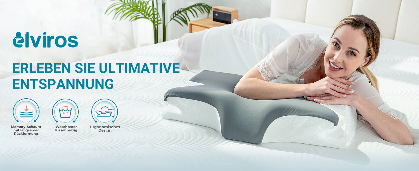 Ортопедична подушка Elviros з Memory Foam, ергономічна підтримка шиї для тих, хто спить на боці, спині та животі, знімний чохол, темно-сіра