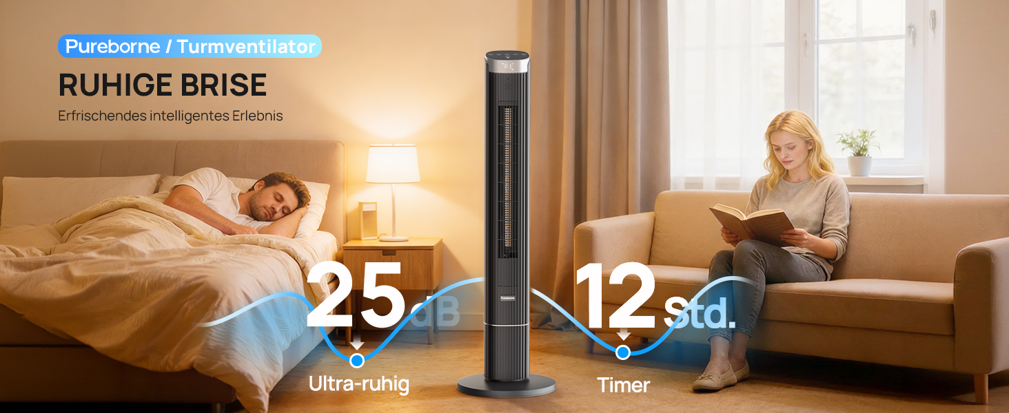 Вентилятор вежовий Leiser Smart 25дБ з осциляцією 90°, 4 режими, таймер 12 год, 109 см, чорний