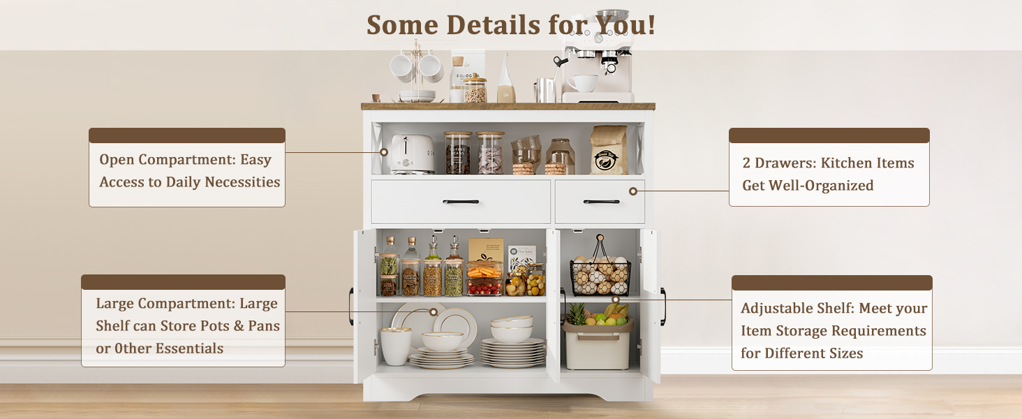 Сервант HOCSOK з 2 шухлядами та 3 дверцятами, кухонна комода, буфет з робочою поверхнею для вітальні/їдальні, регульована полиця, 105x100.5x39.5 см