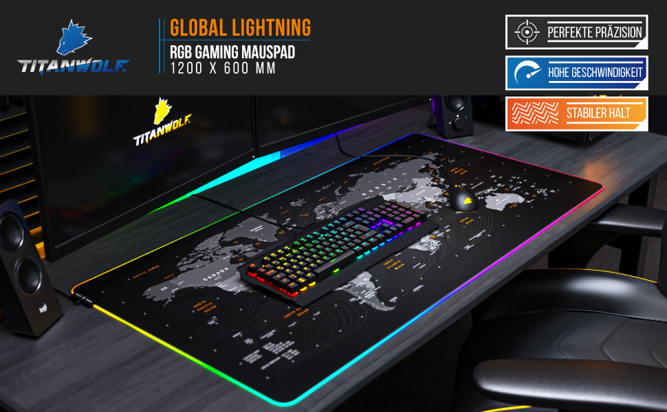 Килимок для миші TITANWOLF XXXL RGB з підсвічуванням LED, 1200 x 600 мм – для геймінгу, з гумовою основою, карта світу