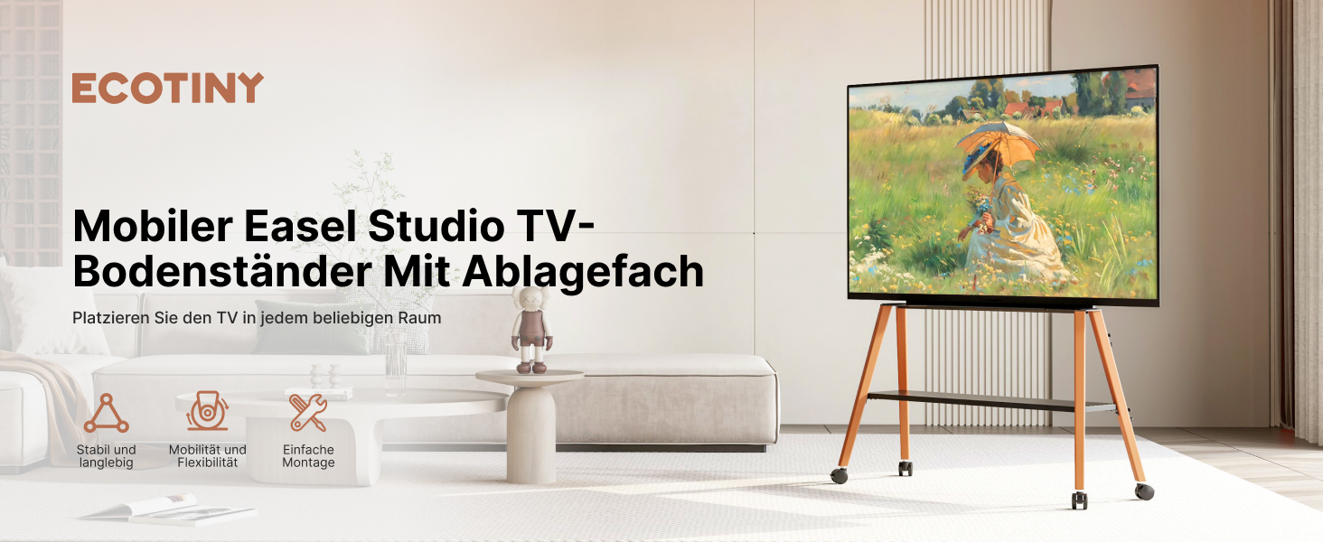 Підставка для телевізора ECOTINY на колесах для 49-75 дюймів, до 40 кг, Easel Design, металева конструкція з дерев'яною полицею, білий (чорний)
