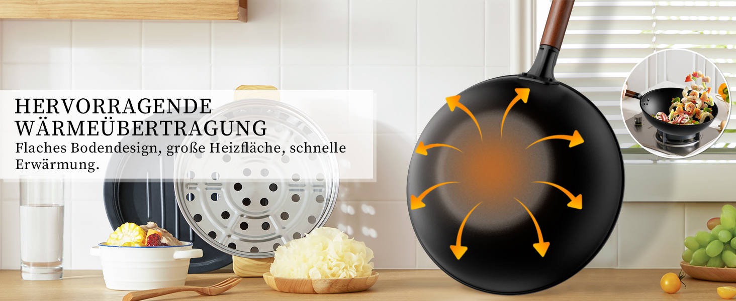 Вок Jobin 33 см з кришкою з термостійкого скла, з вуглецевої сталі, без хімічного покриття, для азіатської кухні, сумісний з індукційними, газовими, електричними та керамічними плитами, чорний